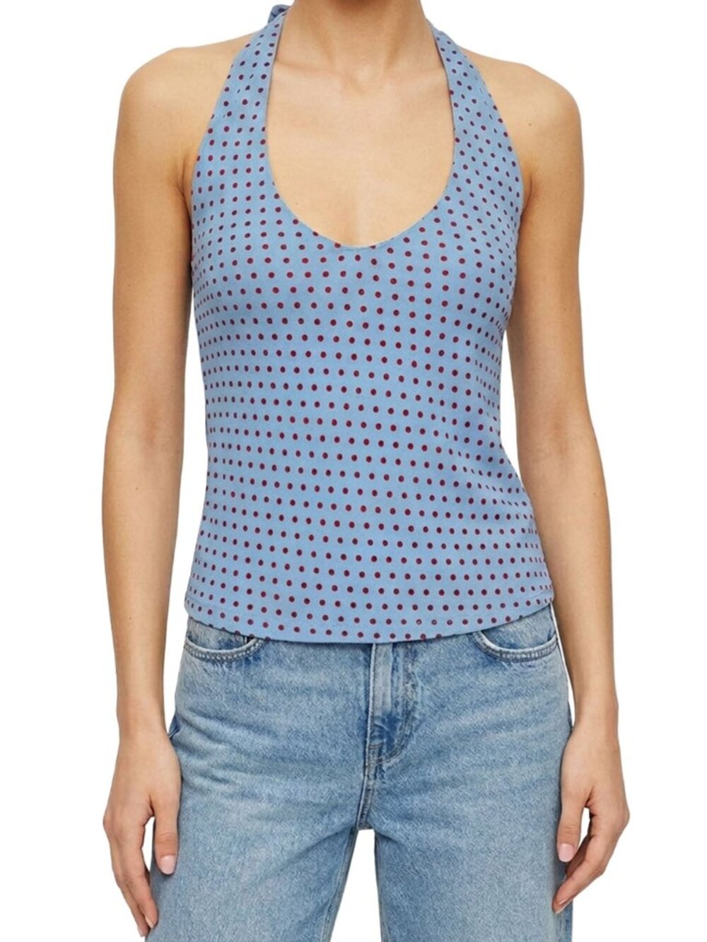 Reformation Kylo Top Summertime Dot Blue Red Polka Dot Halter Top Open Back S
